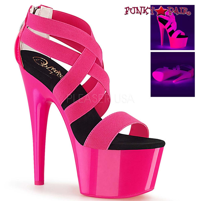 Pleaser Shoes Adore-769UV, Neon Pink Criss Cross Strappy Sandal with Black Light Reactive