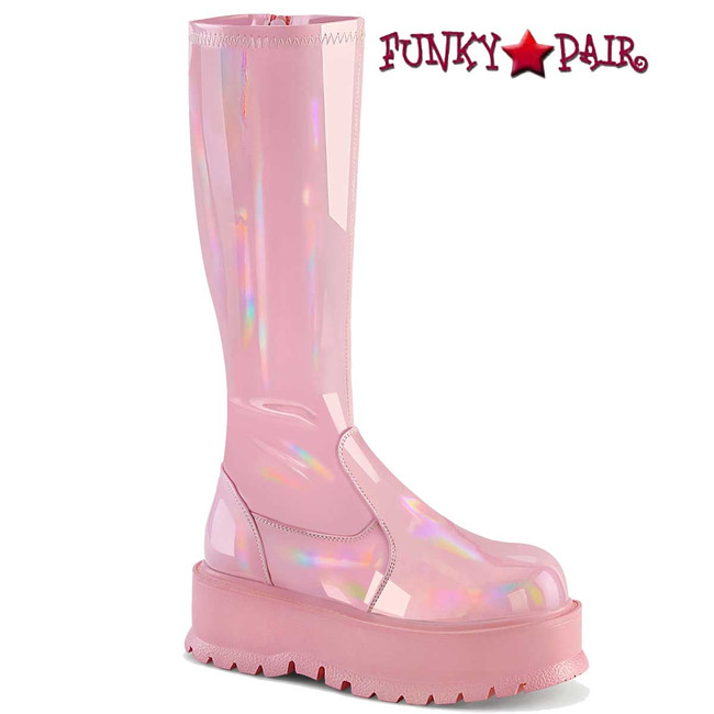 Slacker-200, Baby Pink Platform Stretch Knee High Boots By Demonia
