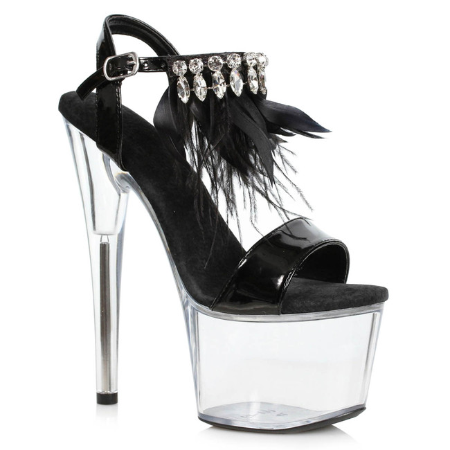 709-Zahra, Black/Clear 7 Inch with Rhinestones and Feathers by Ellie Shoes