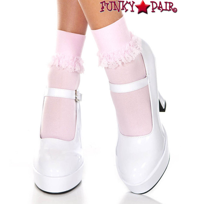 Mucis Legs ML-513, Baby Pink Opaque Ankle High with Ruffle Trim