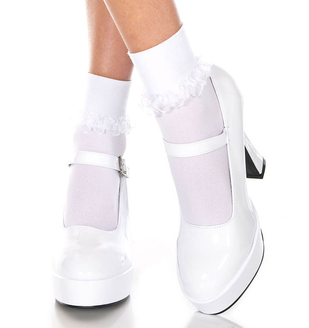 Music Legs | White Ankle High with Ruffle Trim, ML-514