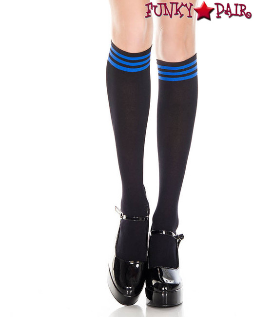 ML-5736, Black Knee High Sock with Blue Striped Top by Music Legs