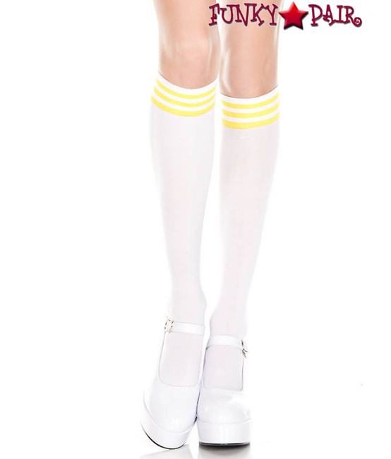 ML-5736, White Knee High Sock with Yellow Striped by Music Legs