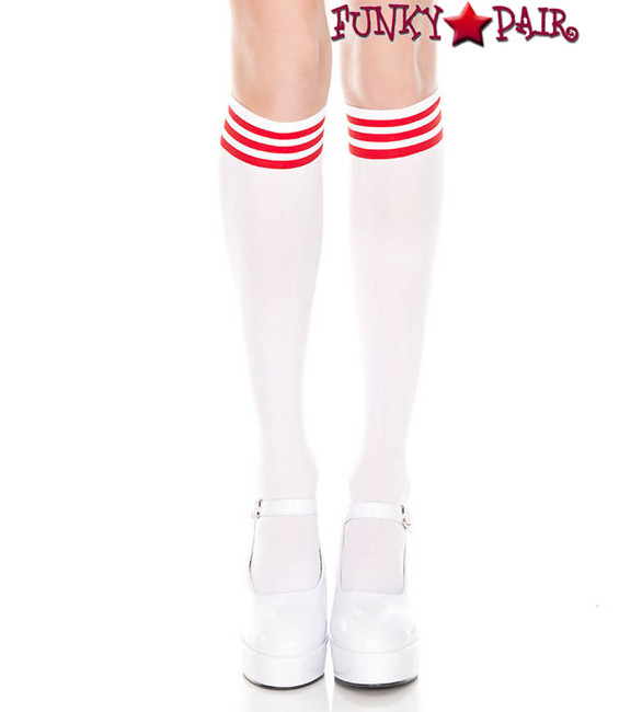 ML-5736, White Knee High Sock with Red Striped by Music Legs