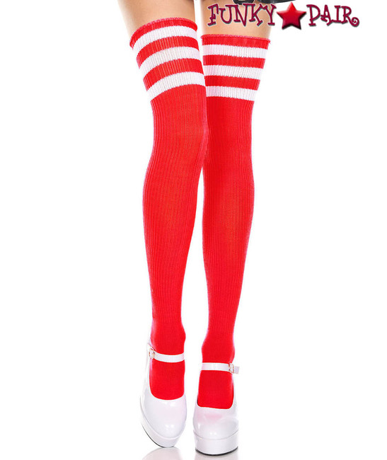 Music Legs ML-4245, Red Thigh High With White Athletic Striped