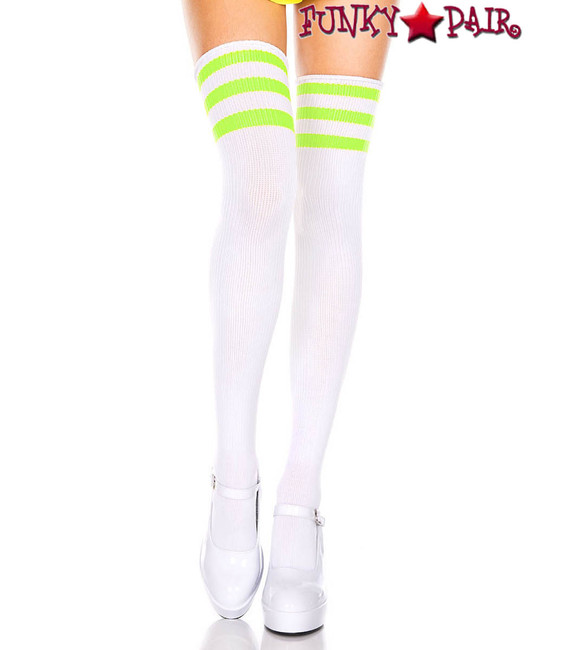 White Thigh High With Neon Green Athletic Striped by Music Legs ML-4245