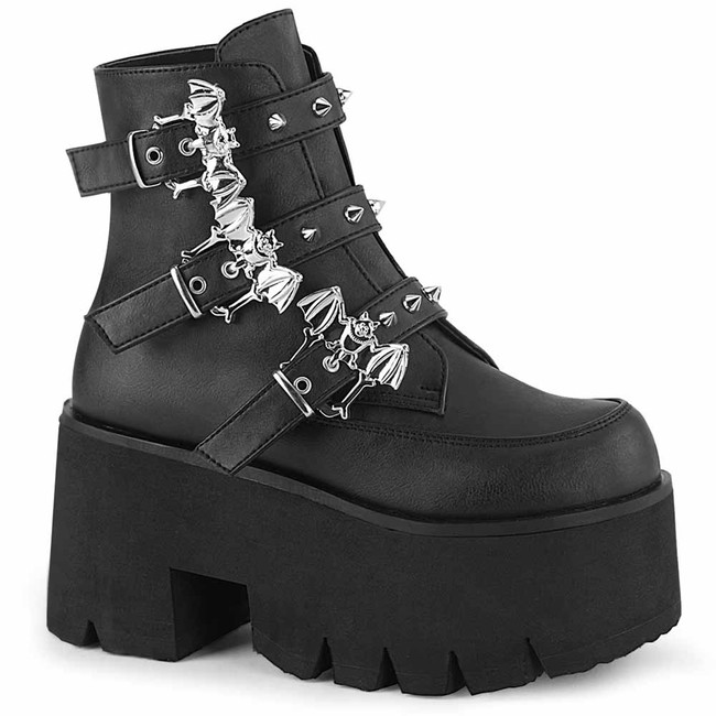 Demonia | ASHES-55, Goth Chunky Platform with Bats Buckle front view