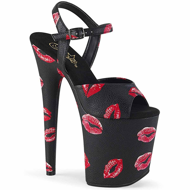 Pleaser | Flamingo-809KISSES 8 Inch Lip Print Sandal black faux leather