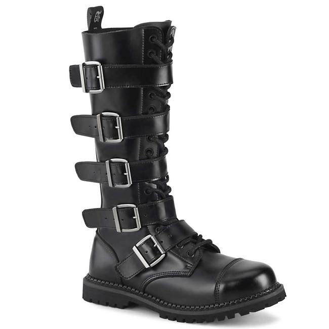 RIOT-18, Men's Leather Boots With Buckles By Demonia Cult