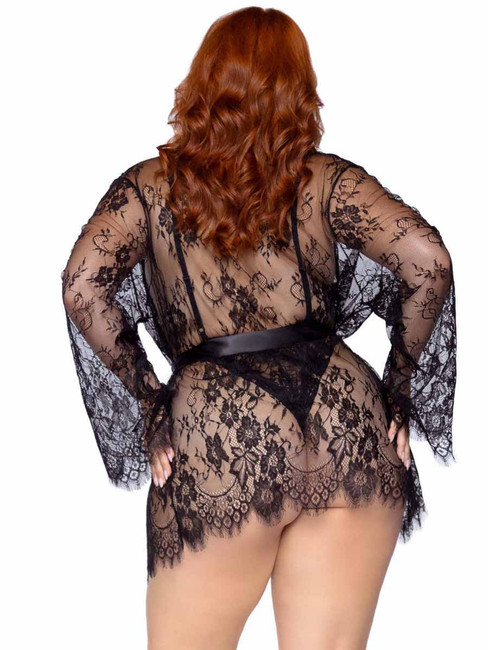 LA86112X, Black Plus Size Floral Lace Teddy and Matching Robe back view