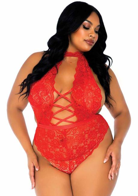 LA89245X, Plus Size High Neck Floral Red Lace Teddy by Leg Avenue LA89245X, Plus Size High Neck Floral Red Lace Teddy by Leg Avenue
