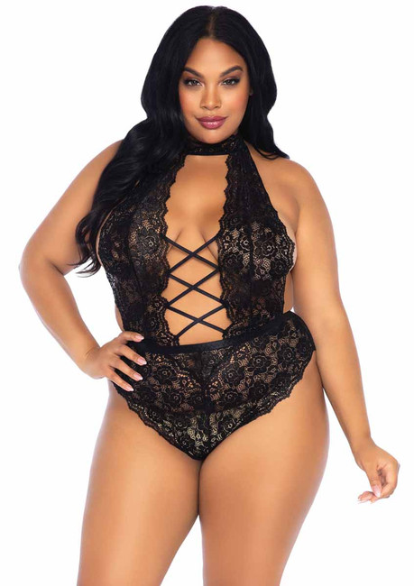 Leg Avenue | LA89245X, Plus Size High Neck Floral Black Lace Teddy