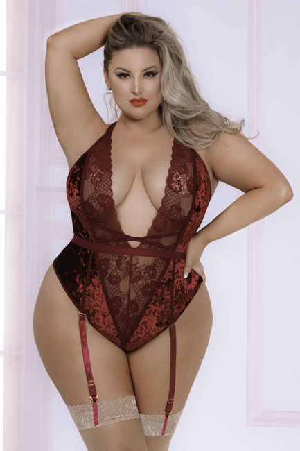 STM-11061X, Plus Size  Velvet and Lace Plunging Neckline Teddy by Seven Till Midnight