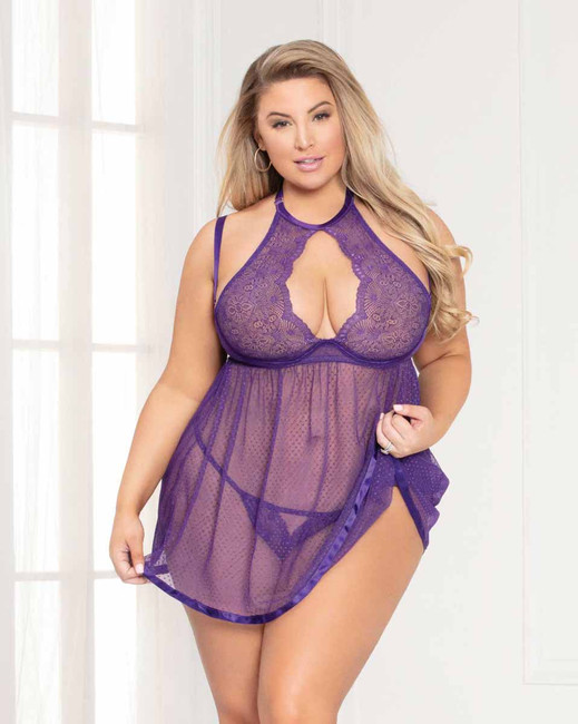 STM-11092X, Plus Size Lace and Point D'esprit Mesh Babydoll Set by Seven Till Midnight