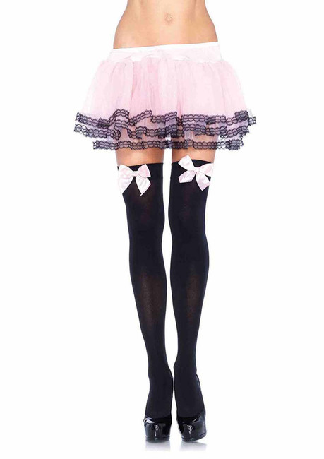 LA-6255, Black Opaque Stockings with Baby Pink Satin Bow