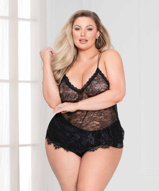 STM-11125X, Plus size Lace Cami with Satin Short by Seven Till Midnight