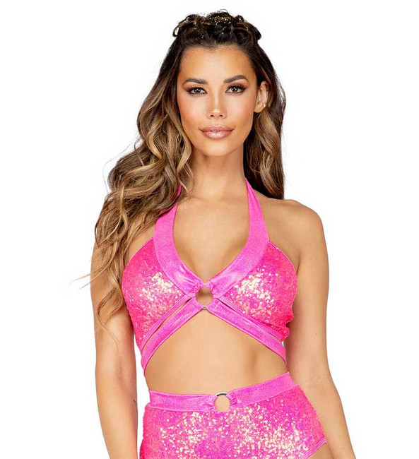 R-3808, CRISS CROSS SEQUIN TOP Hot Pink by Roma Costume