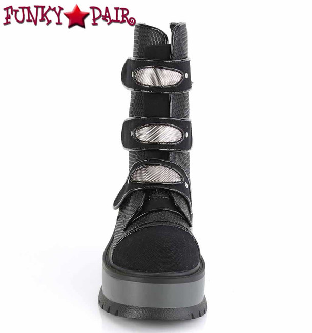 Slacker-101, Front View Mid-Calf Boots with Stud Details by Demonia