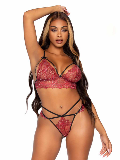 Leg Avenue | LA81623, Strappy Rhinestone Lace Bralette Set color Burgundy