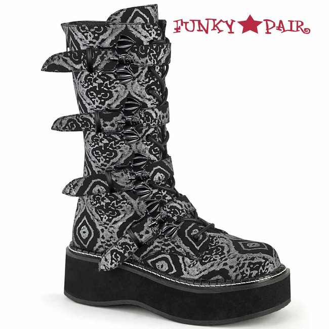 Emily-322, Bat Buckles Mid Calf Boots Black-Silver Faux Nubuck Leather by Demonia