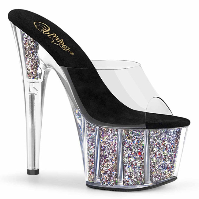 Adore-701CG, 7" Silver Platform Slide with Glitter Insert by Pleaser