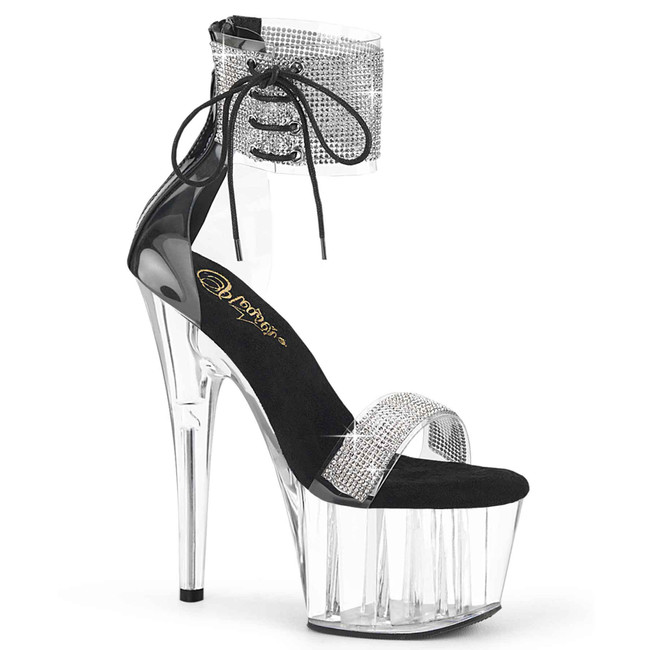 Adore-727RS, Clear/Black/Clear 7" Rhinestones Ankle Cuff and Front Strap Platform Sandal by Pleaser Shoes