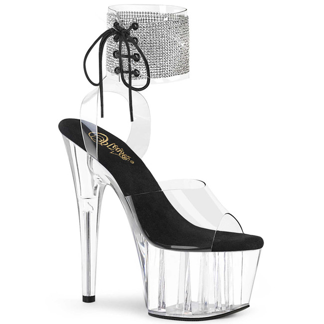 Adore-791-2RS, Clear/Black/Clear 7" Rhinestones Ankle Cuff Sandal