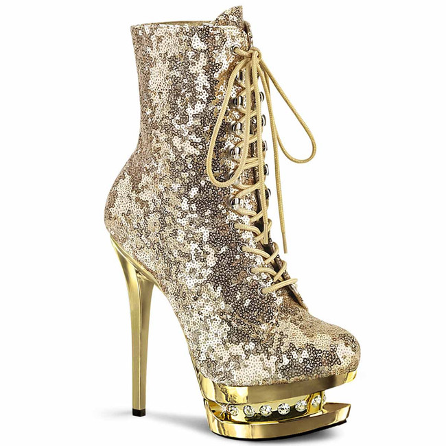 Blondie-R-1020SQ, 6" Gold Sequins Lace-up Ankle Boots with Rhinestones in Mid Platform by Pleaser