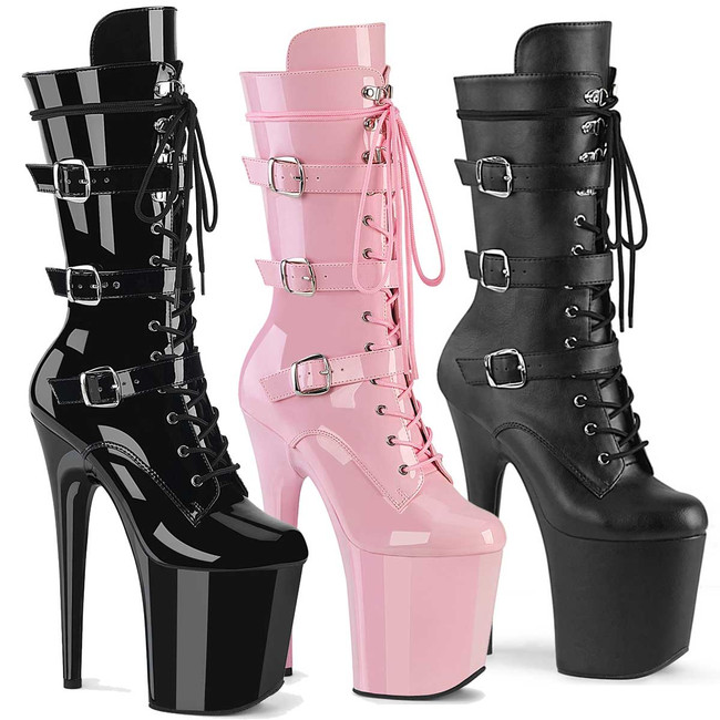 Flamingo-1053, 8" Lace-up Mid Calf Boots with Triple Buckles by Pleaser