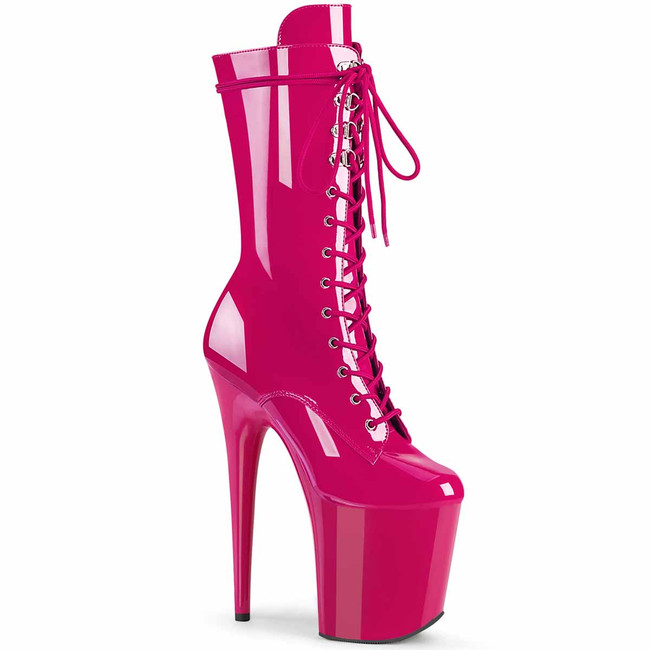 Flamingo-1050, 8" Hot Pink Exotic Dancer Lace-up Mid Calf Boots by Pleaser