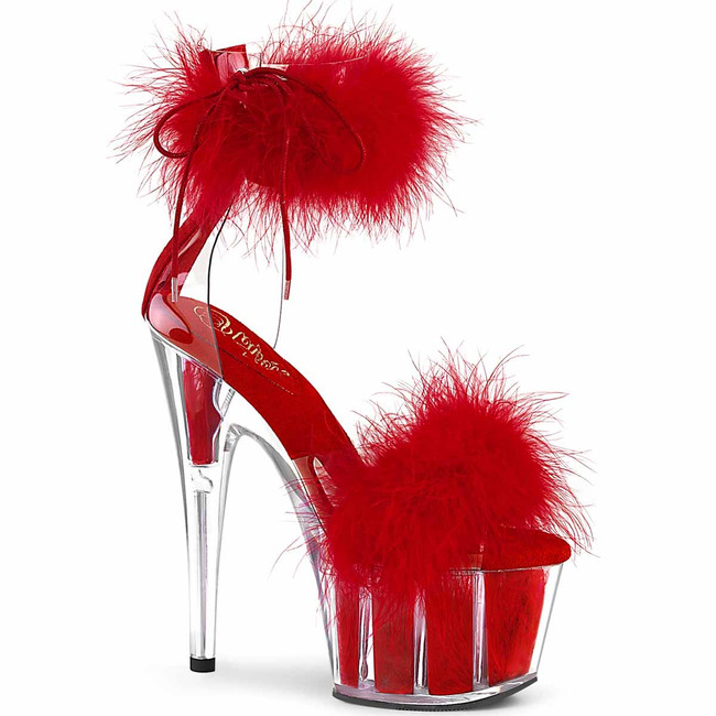 Adore-724F, 7" Red Marabou Fur Exotic Dancer Ankle Cuff Platform Sandal by Pleaser