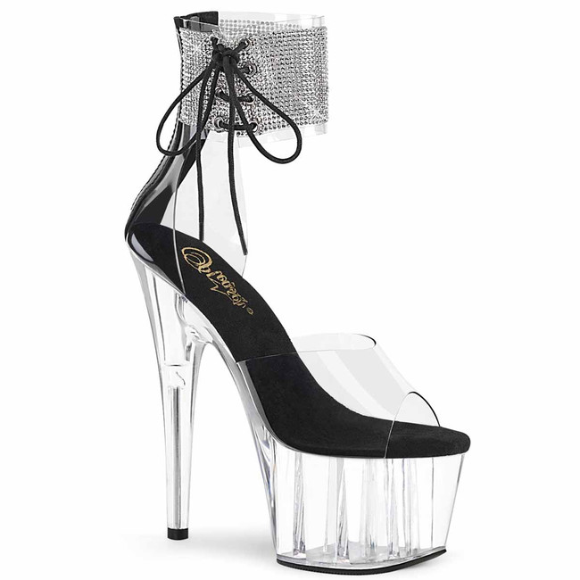 Adore-724RS, 7" Rhinestones Stripper Ankle Cuff Platform Sandal Clear/Black/Clear by Pleaser