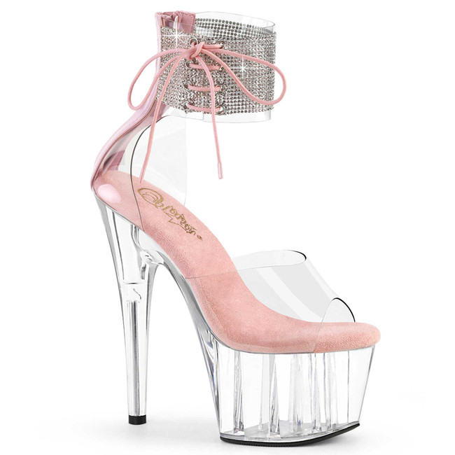 Adore-724RS, Clear/Baby Pink/Clear 7" Rhinestones Stripper Ankle Cuff Platform Sandal by Pleaser