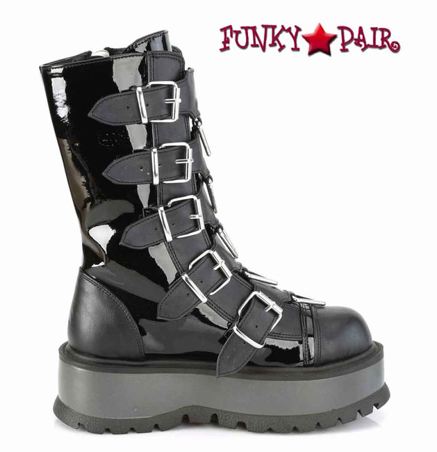 Slacker-160, Black Mid-Calf Boots with Metal Buckles Straps by Demonia