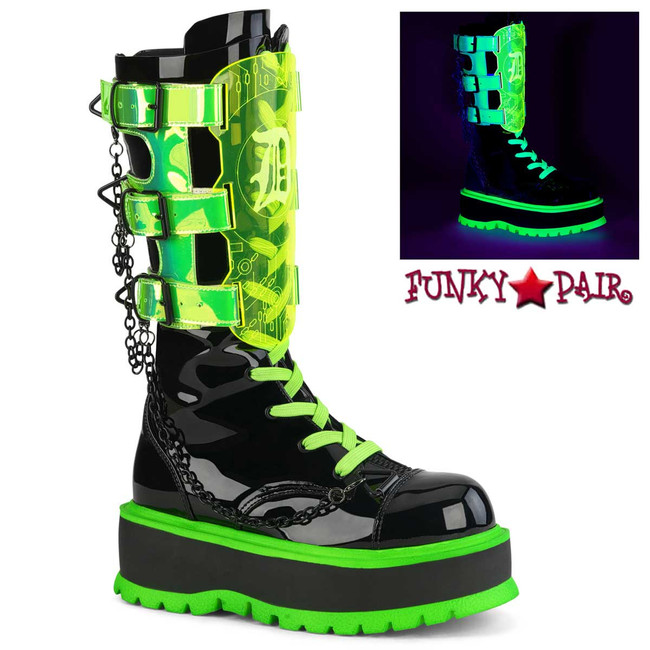 Slacker-156, Neon Green Boots with Blacklight Reactive Shield by Demonia