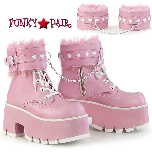 Ashes-57, Chunky Heel Baby Pink Vegan Leather Ankle Boots with Removable Ankle Cuffs By Demonia