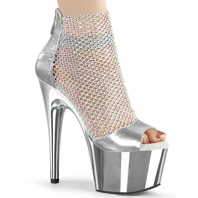 Adore-765RM, Silver Rhinestones Mesh Shootie Sandal by Pleaser