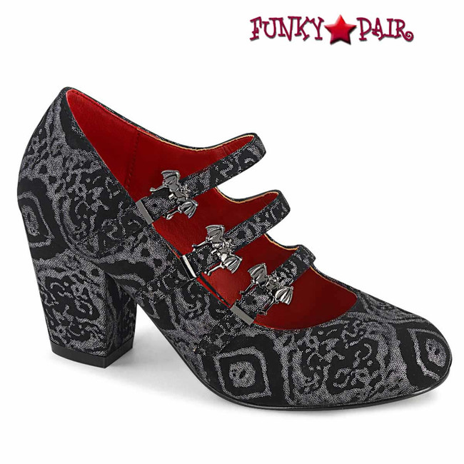 VIVIKA-38, Maryjane with Bats Buckles Black/Silver Faux Nubuck Leather by Demonia