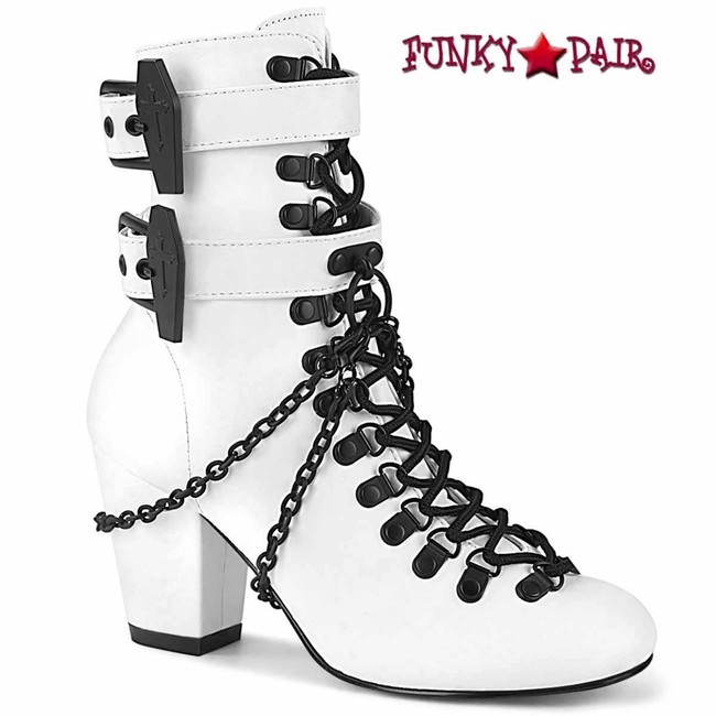 VIVIKA-128, White Vegan leather 3 Inch Block Heel Lace-up Boots by Demonia