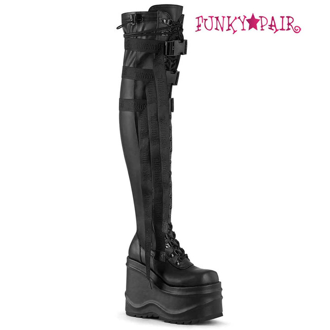 WAVE-315, 6 Inch Wedge Black Vegan Leather Platform Boots by Demonia