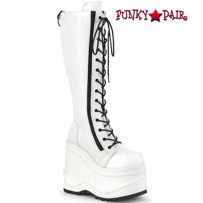 WAVE-200, 6 Inch Wedge Lace-up Knee High Boots White Vegan leather by Demonia