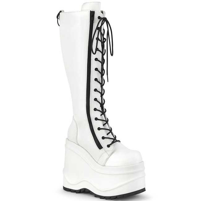 WAVE-200, 6 Inch Wedge Lace-up Knee High Boots White Vegan leather by Demonia