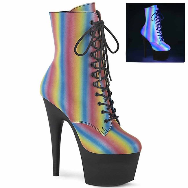 ADORE-1020REFL-02, 7" Reflective Rainbow Lace-up Ankle Boots by Pleaser  USA