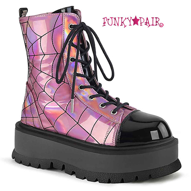 SLACKER-88, Pink Mid-Calf Boots with Spider Web Detail By Demonia