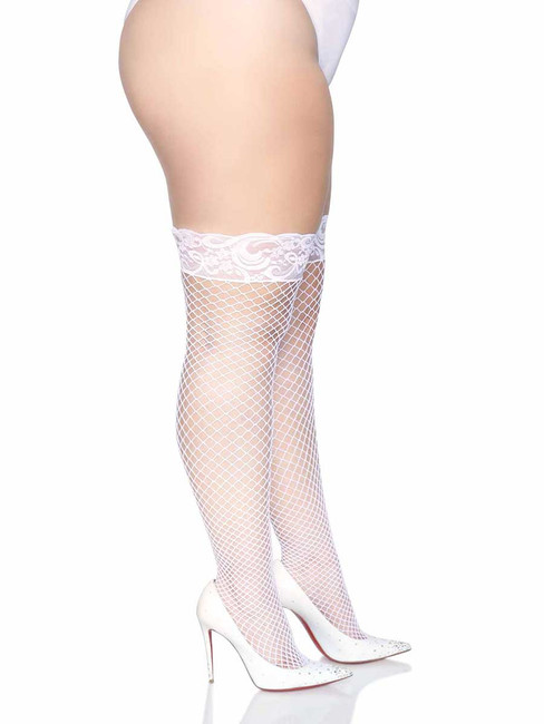 Leg Avenue LA-9201X, White Industrial Net Thigh Highs with Stay Up Silicone Lace Top Side View