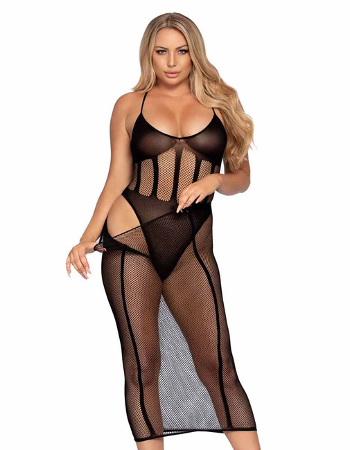 LA86967, Net and Opaque Bodysuit with Skirt By Leg Avenue