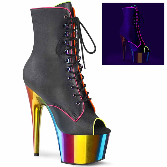 Pleaser | ADORE-1021RC-02, 7" Blacklight Reactive Rainbow Chrome Ankle Boots