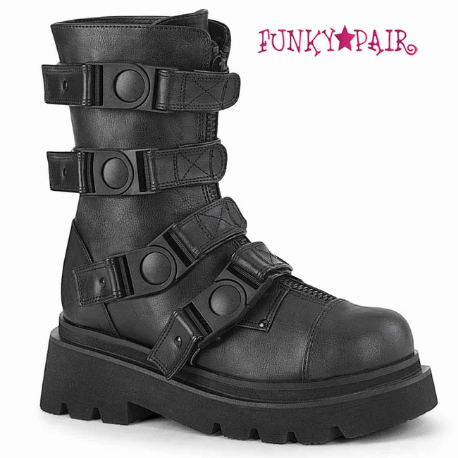 RENEGADE-55, Black Tiered Strappy Calf Boots By  Demonia