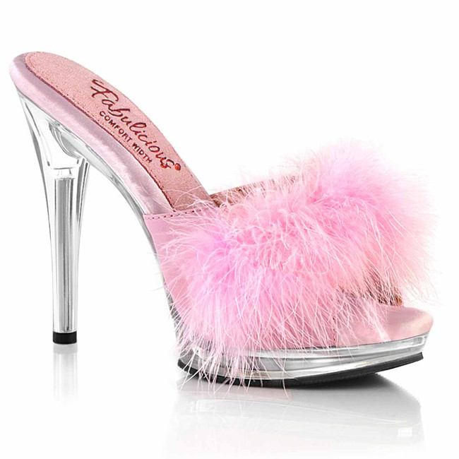 GLORY-501F-8, 5" Comfort Width Baby Pink Marabou Slipper By Fabulicious