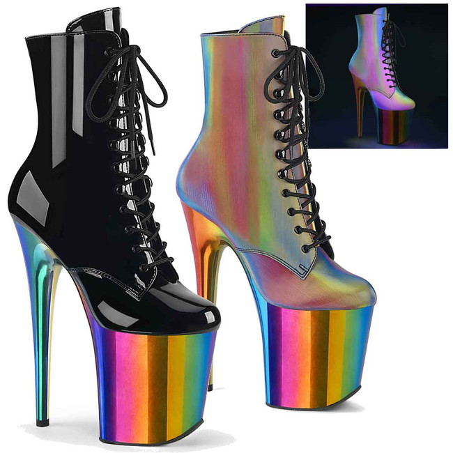 FLAMINGO-1020RC, 8" Rainbow Chrome Platform Boots By Pleaser